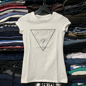 GUESS White Short Sleeve Tee with Crystal Triangle Logo